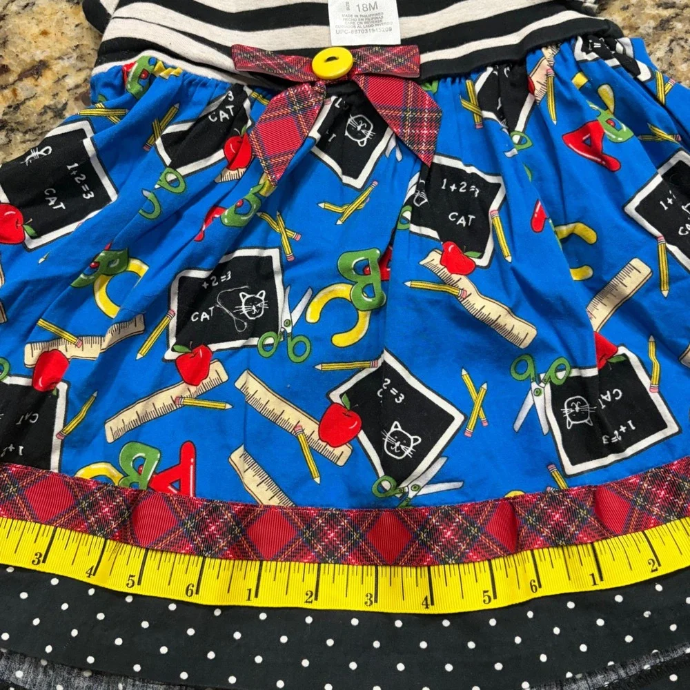 Bonnie Baby Back to School Dress 18M Blue Chalkboard Stripe Polka Dot